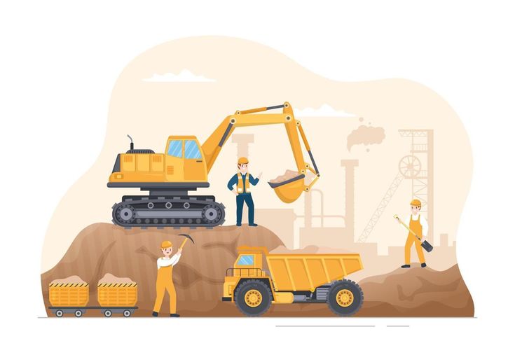 Mining Company with Heavy Yellow Dumper Trucks for Coal Mine Industrial Process or Transportation in Flat Cartoon Hand Drawn Templates Illustration.jpg